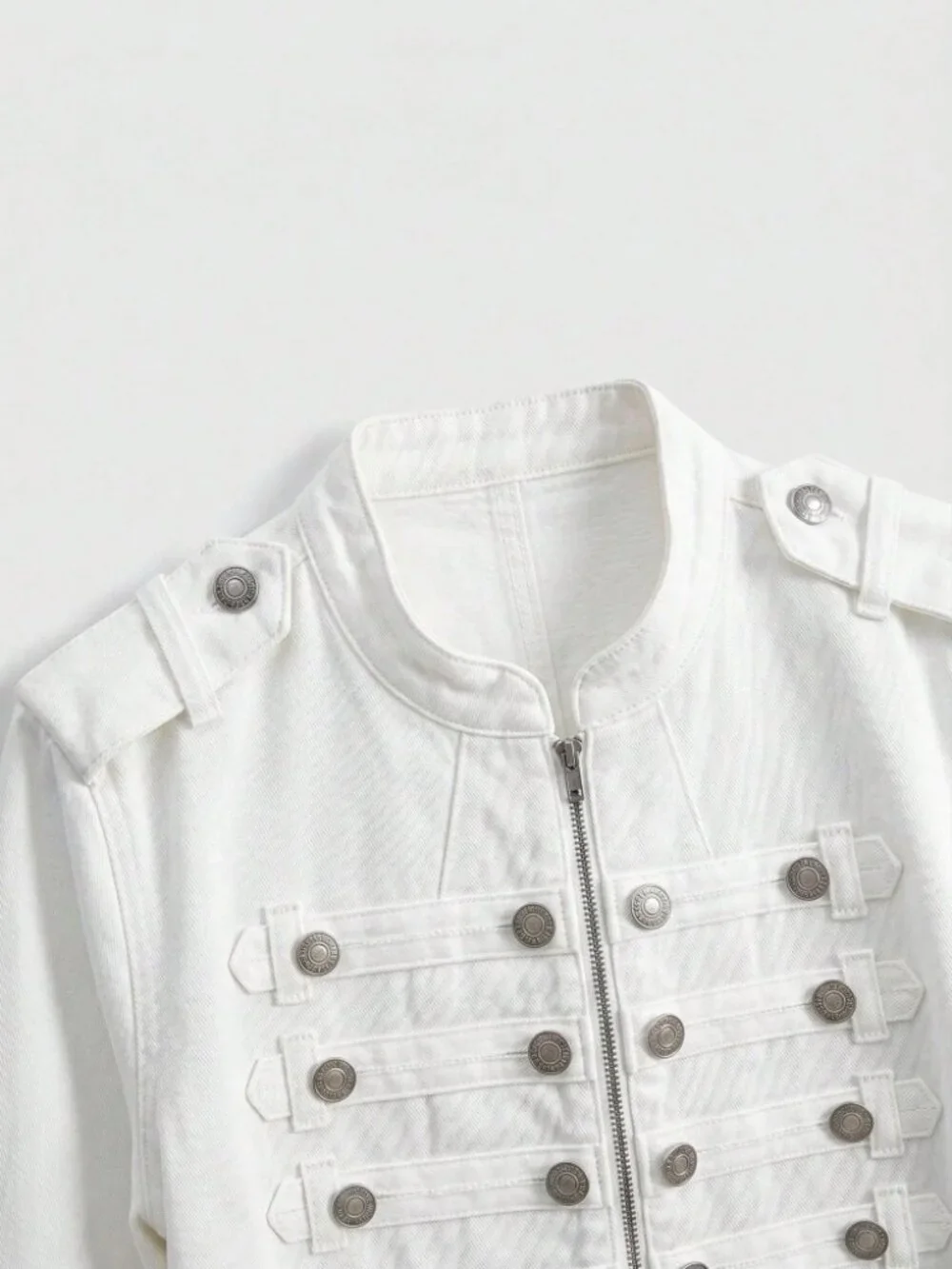 White Denim Military Jacket with Button Epaulette Trim